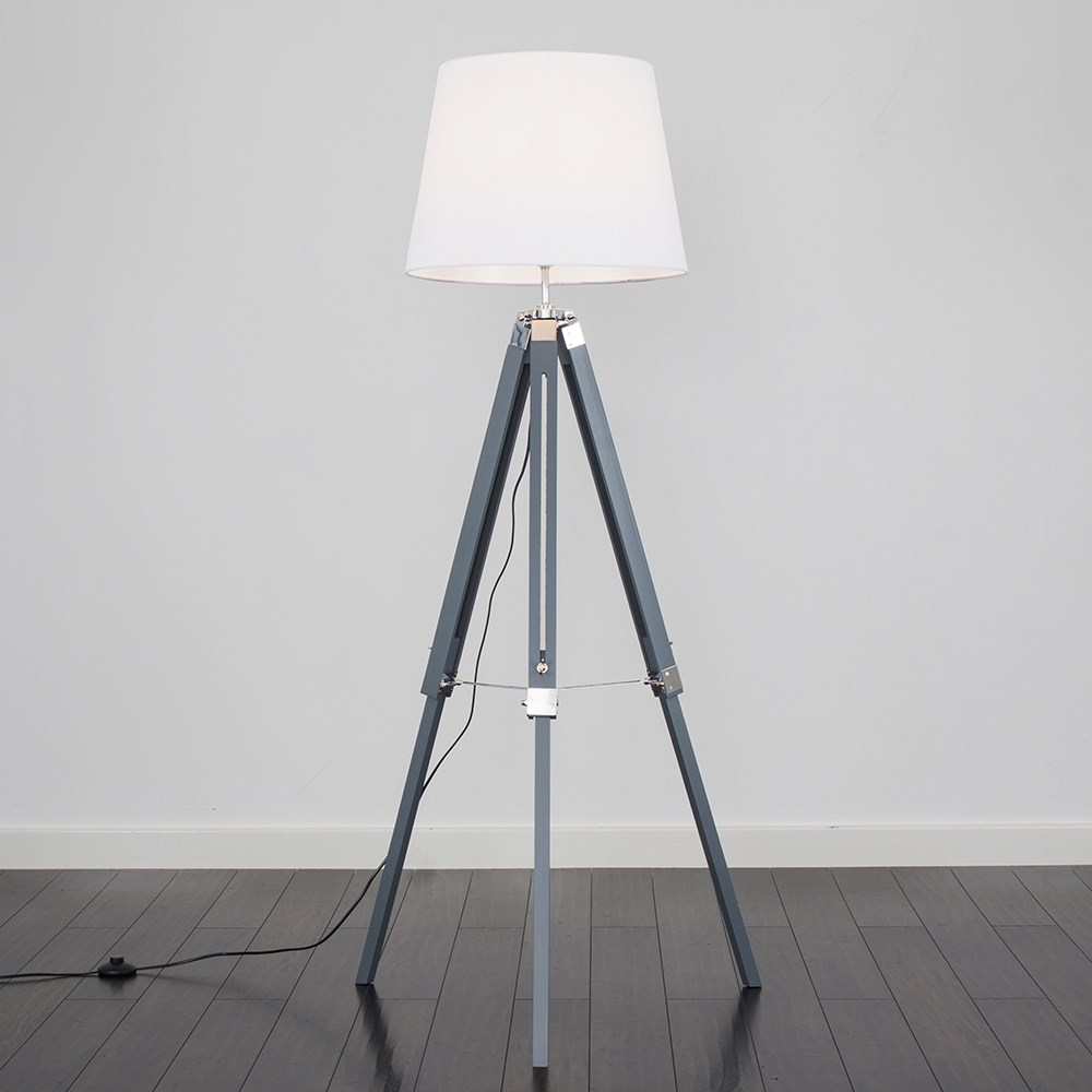 Clipper Grey And Chrome Tripod Floor Lamp With White Aspen Shade