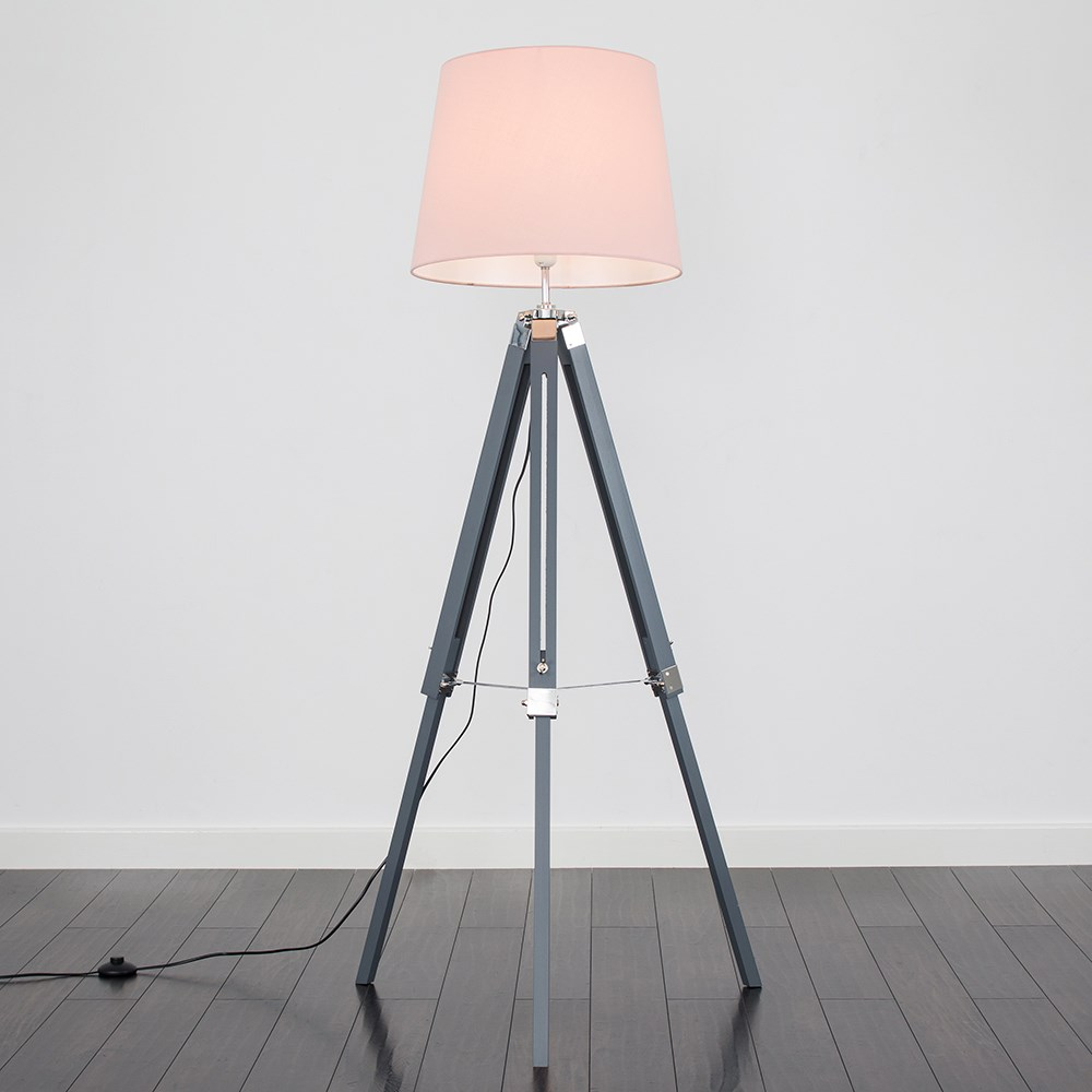 Clipper Grey And Chrome Tripod Floor Lamp With Dusty Pink Aspen Shade