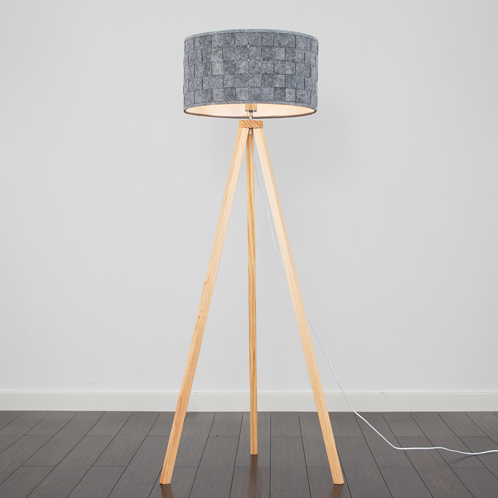 Barbro Light Wood Tripod Floor Lamp with XL Grey Monza Shade