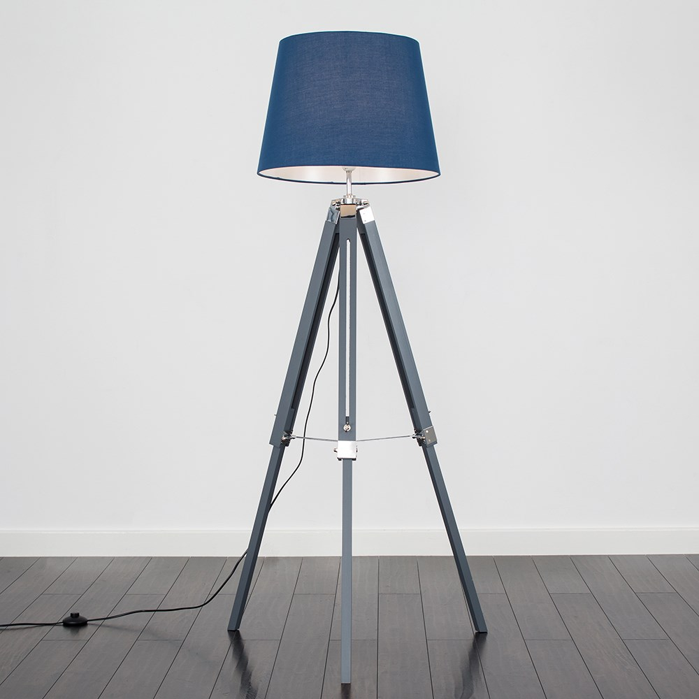 Clipper Grey And Chrome Tripod Floor Lamp With Xl Navy Blue Aspen Shad
