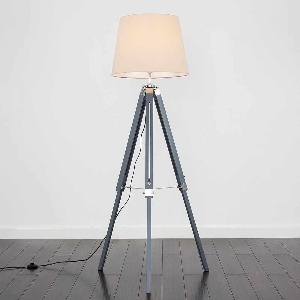 Clipper Grey And Chrome Tripod Floor Lamp With Xl Beige Aspen Shade