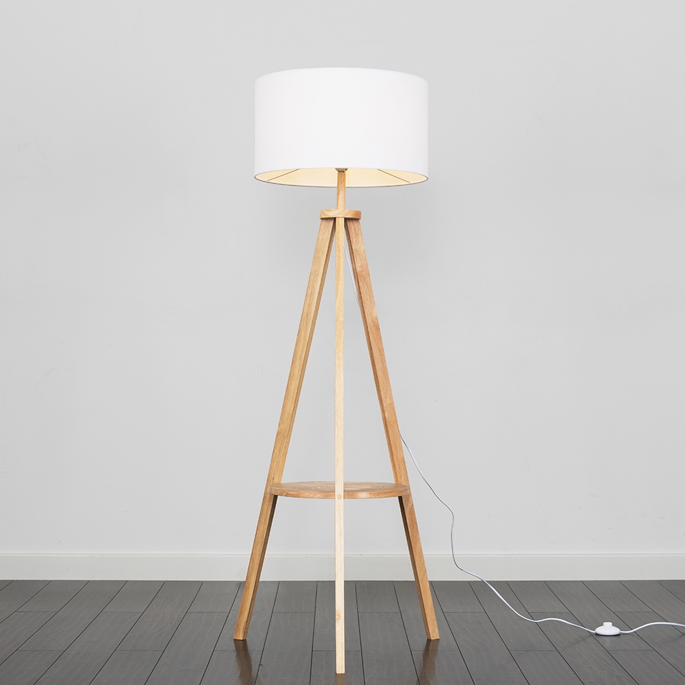 Morrigan Light Wood Tripod Floor Lamp With Xl White Reni Shade