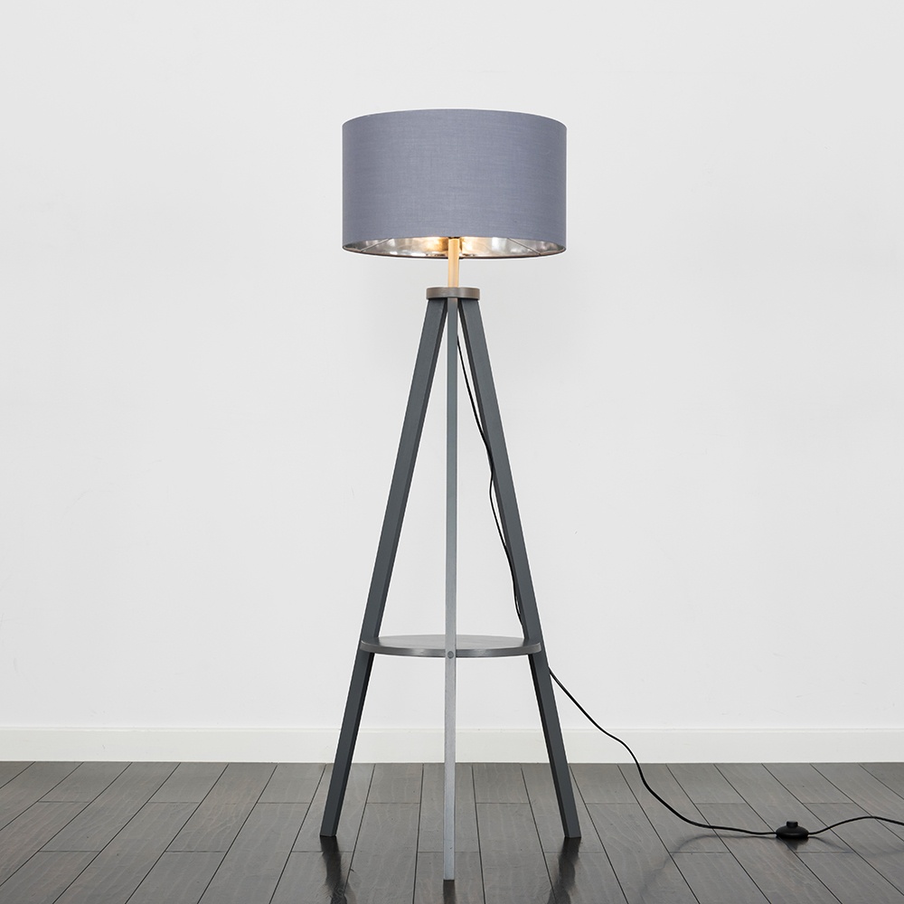 Morrigan Grey Wood Tripod Floor Lamp with XL Grey and Chrome Reni Shad
