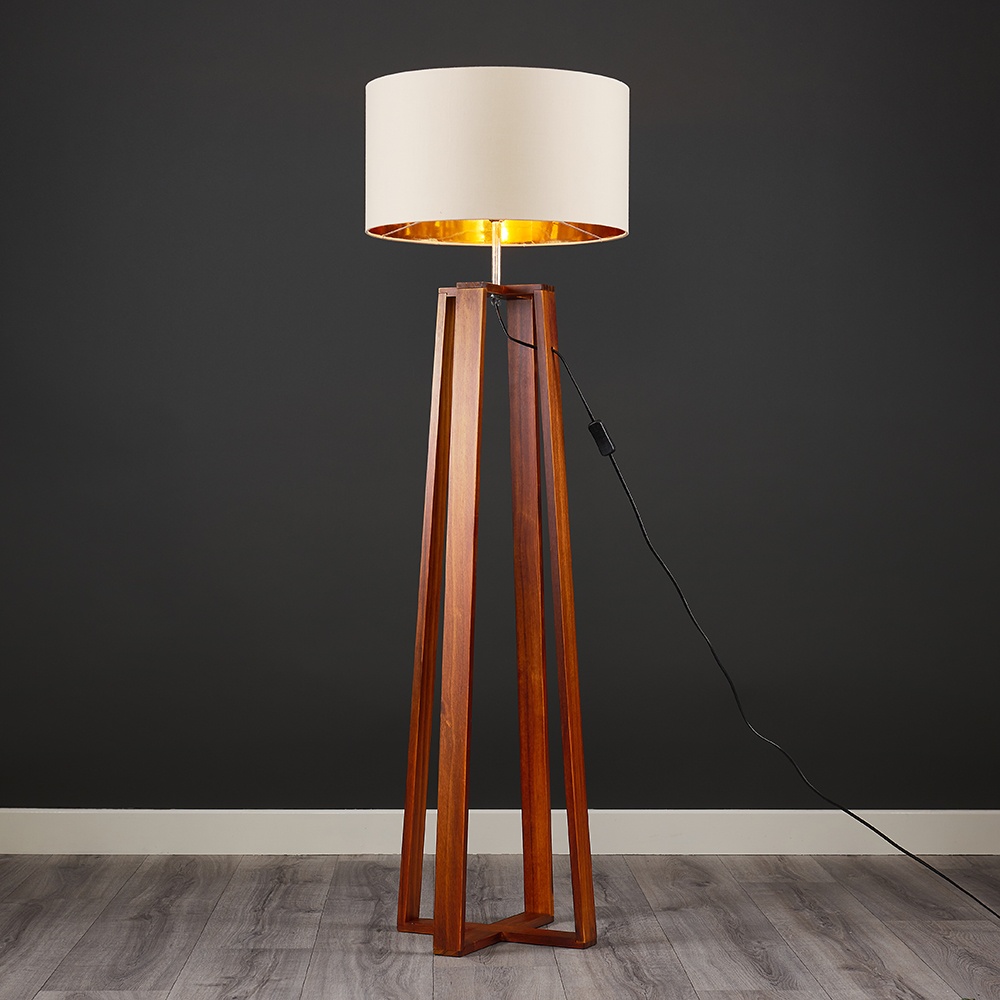 Beltane Dark Wood Floor Lamp With Xl Beige And Gold Reni Shade