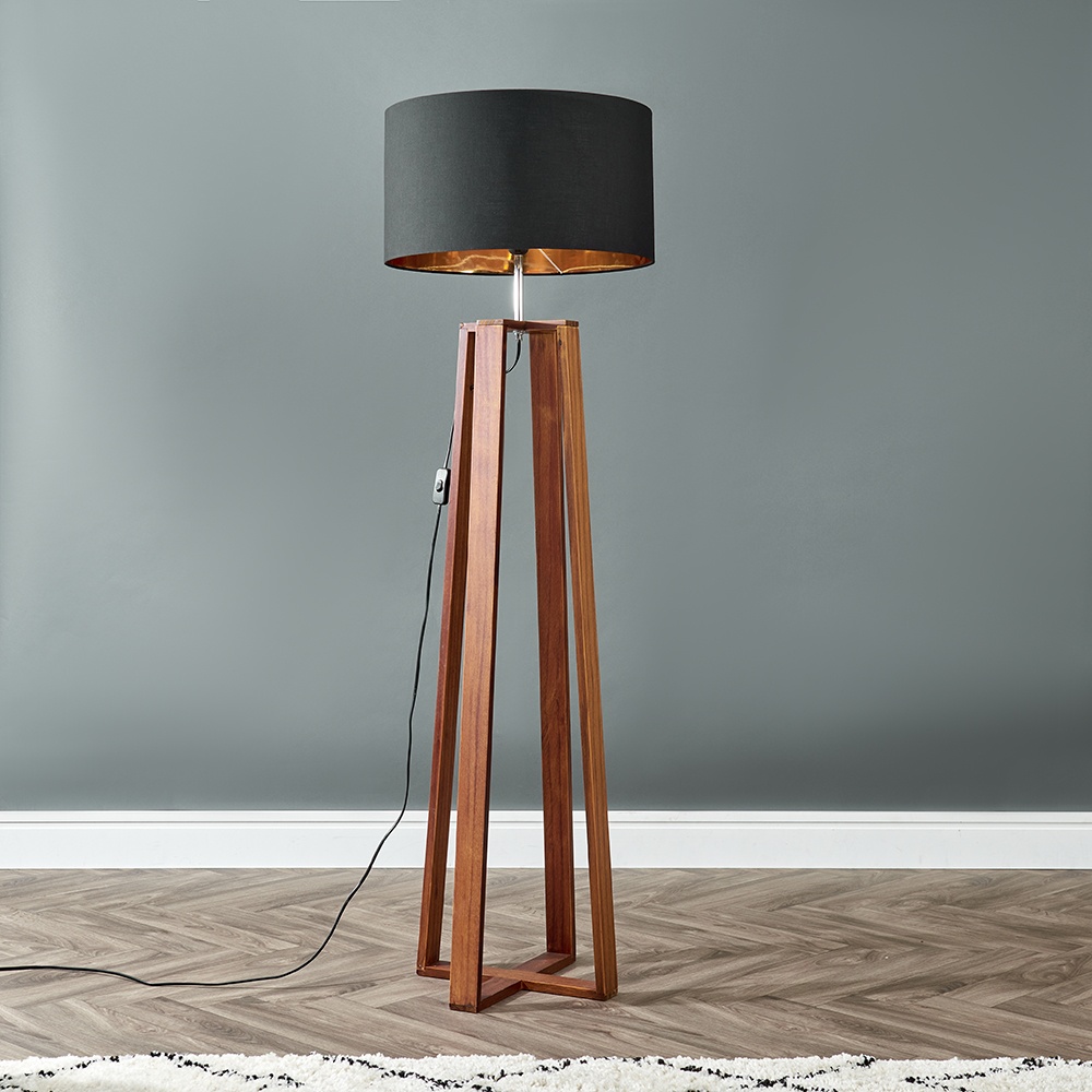 Beltane Dark Wood Floor Lamp With Xl Black And Gold Reni Shade