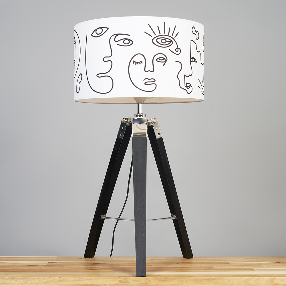 Clipper Black and Chrome Tripod Table Lamp with Face Art Reni Shade