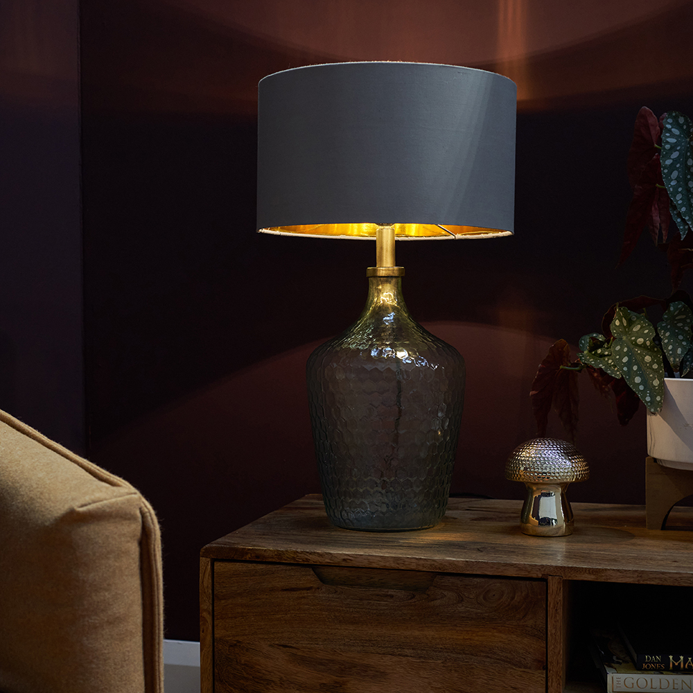 Silvio Lustre Green Table Lamp with Large Grey and Gold Reni Shade