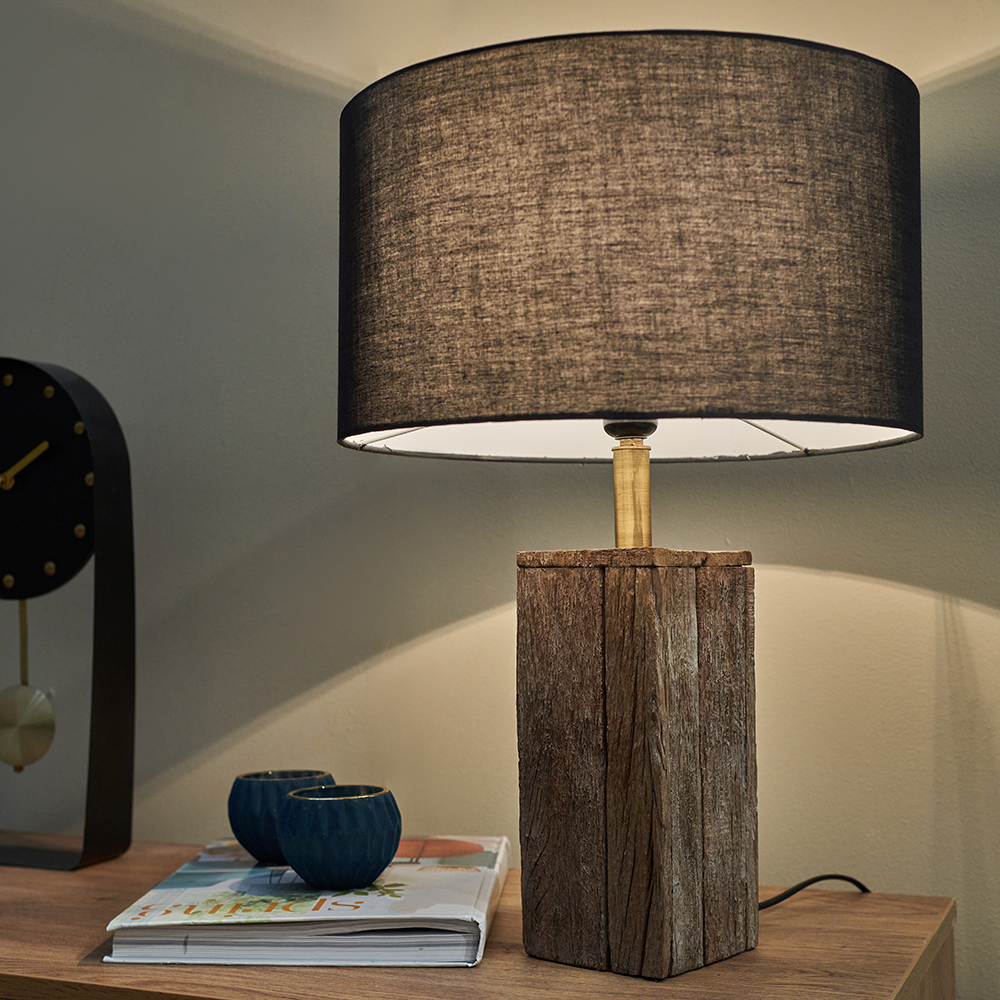Goden Wooden Block Table Lamp with Black Reni Shade