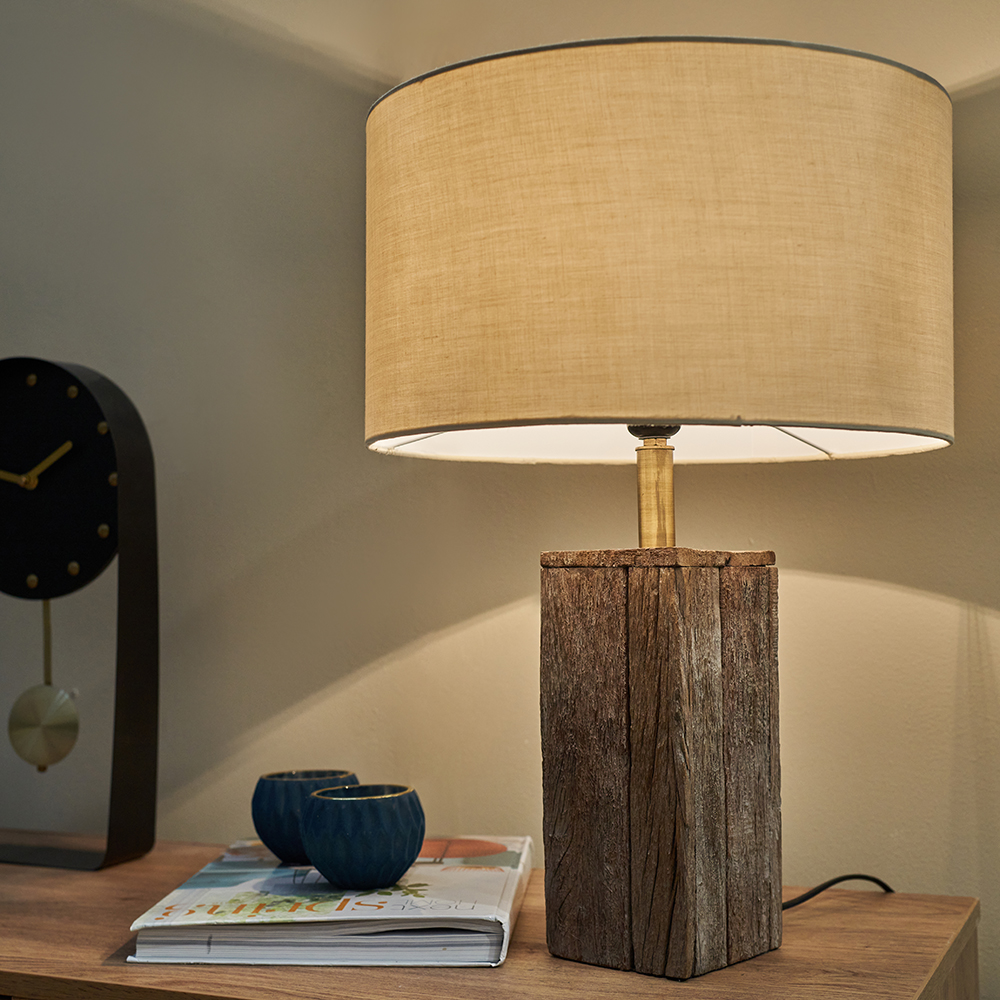 Goden Wooden Block Table Lamp with Mink Reni Shade