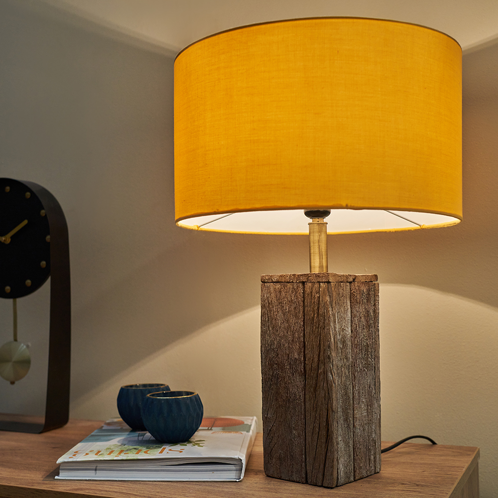 Goden Wooden Block Table Lamp with Mustard Reni Shade