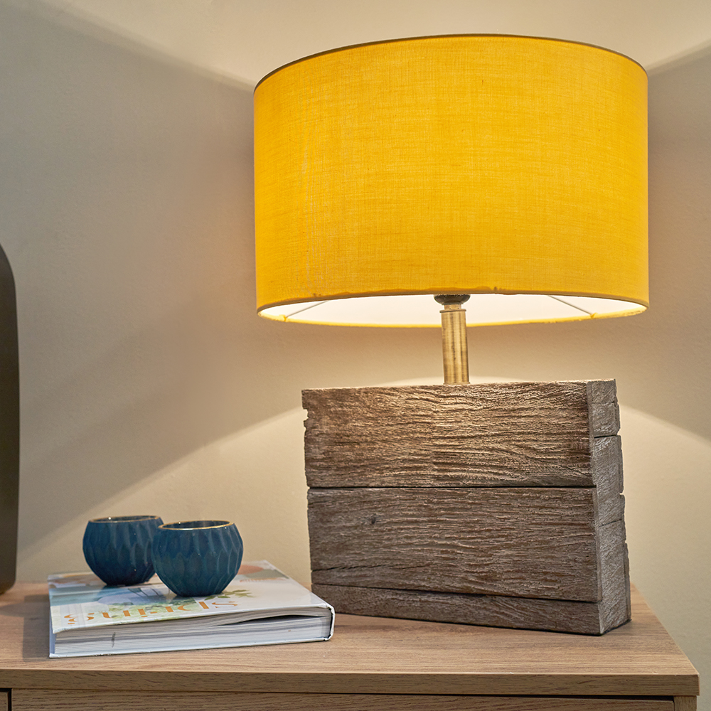 Fable Rustic Wood Table Lamp with Mustard Reni Shade