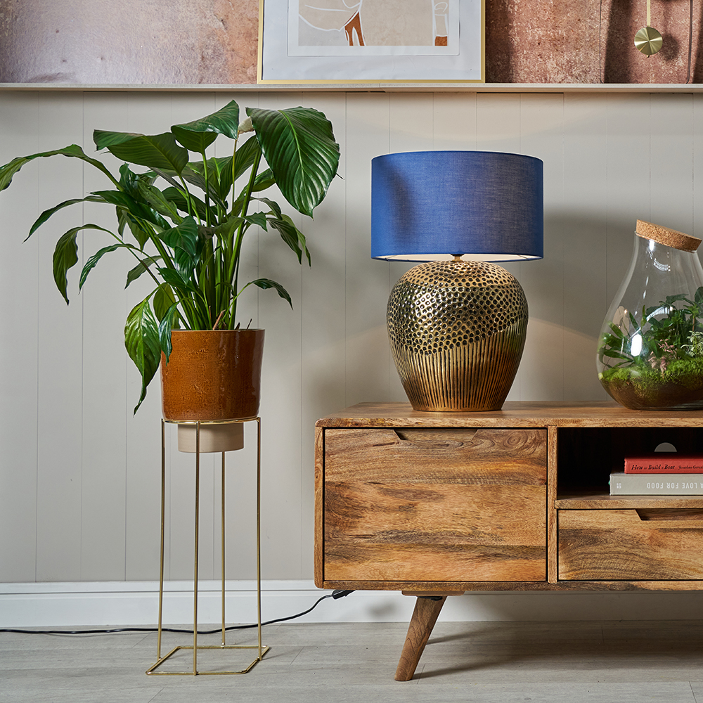 Akot Brass Table Lamp with Large Navy Blue Reni Shade
