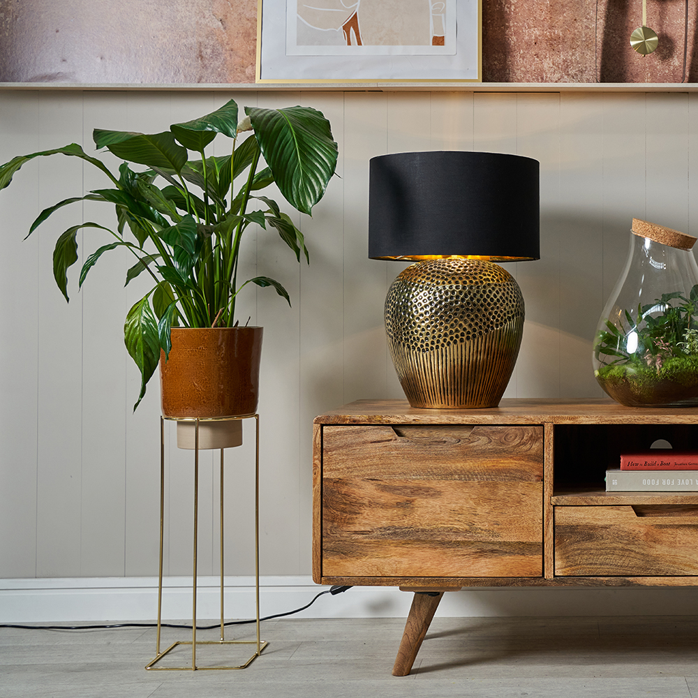Akot Brass Table Lamp with Large Black and Gold Reni Shade