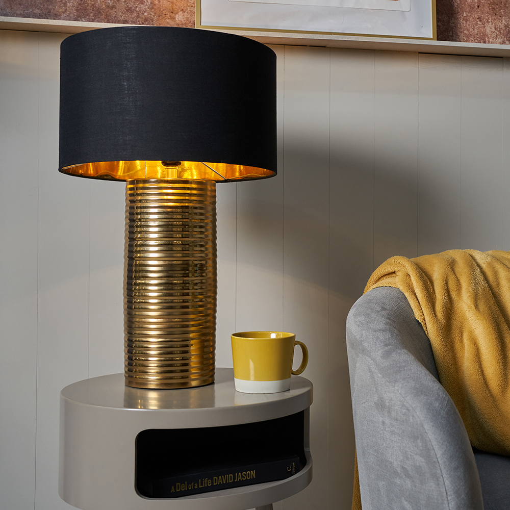 Jung Gold Combed Cylinder Table Lamp with Large Black and Gold Reni Sh